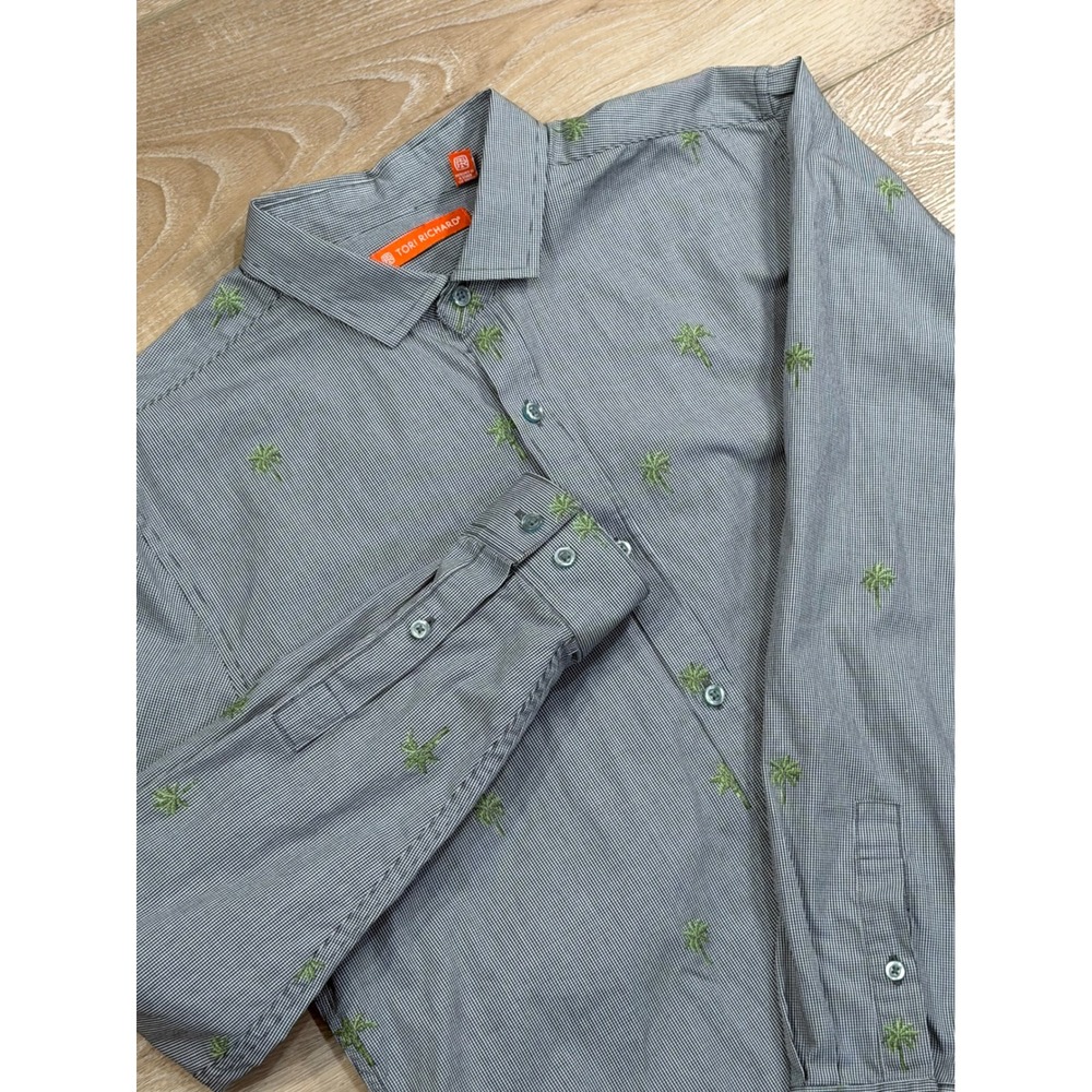 Tori Richard Mens Medium Palm Tree Embroidered Button Down Shirt‎ Blue